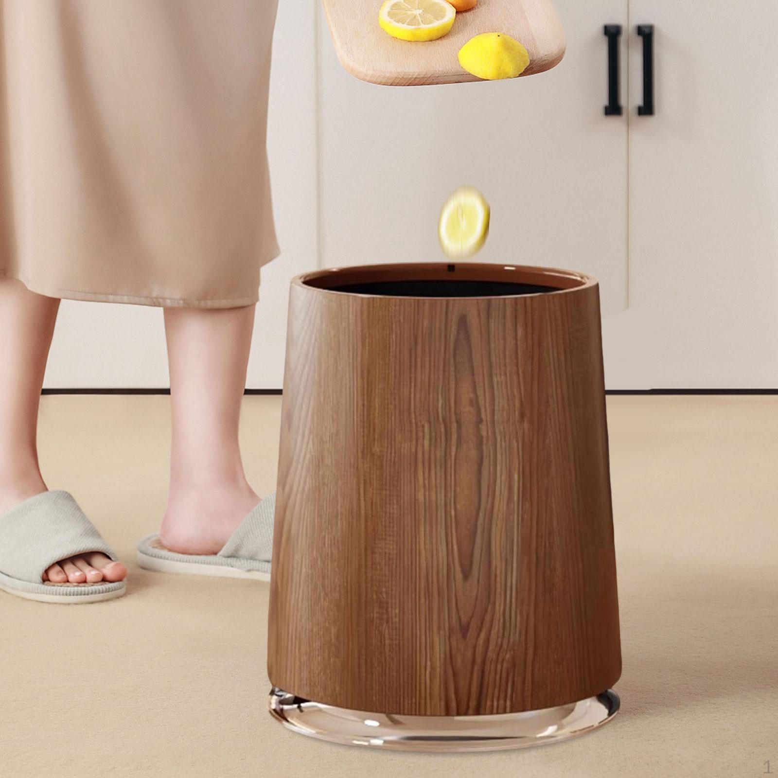 

Imitation Wood Grain Trash Can Garbage Portable Round Retro Decorative Open Top Wastebasket for M