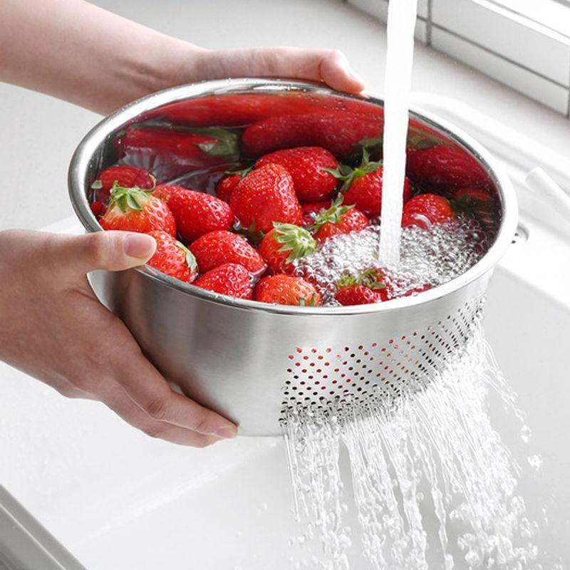 Reborn. J Hanaro Stainless Steel 304 Rice Washing Bowl M 23cm/ Multi-purpose Mixing Bowl with Perforated Drainage Strainer