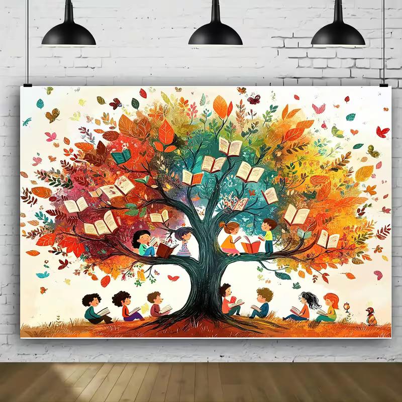 2D Bildungslesebaum-Hintergrund, Kinder und Bücher unter Herbstbaum Klassenzimmer-Hintergrund