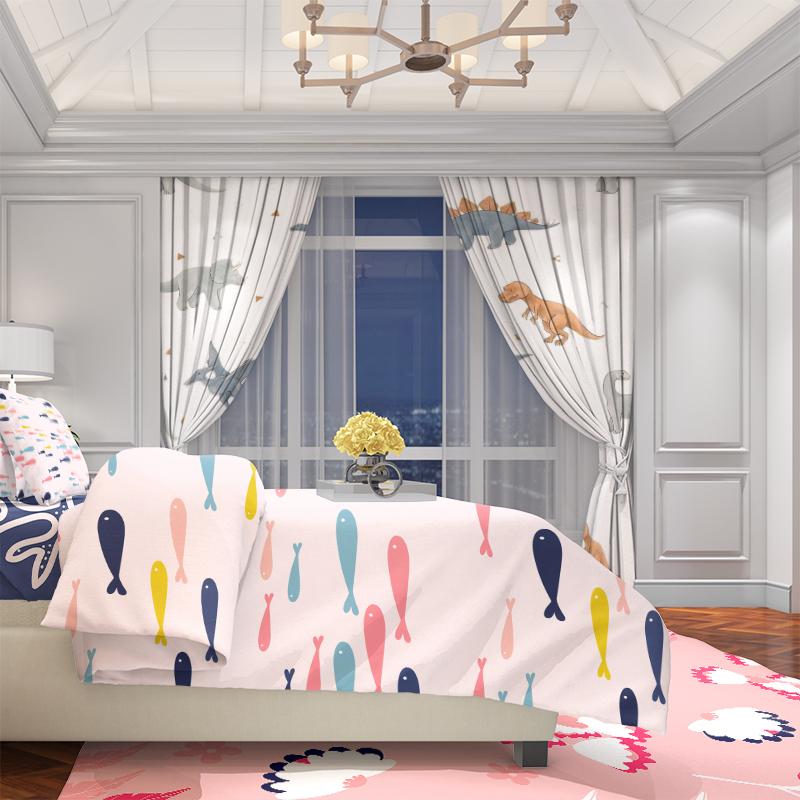 White Children's Cartoon Dinosaur Print Curtains -100% Polyester -2 Sheets for Bedroom Curtains and Living Room Decor.