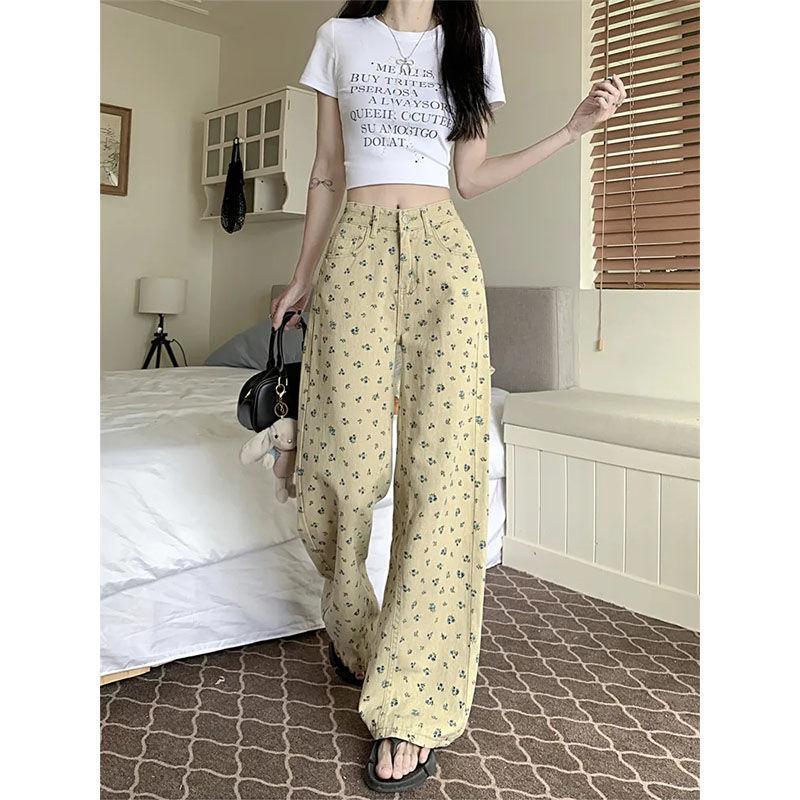 

Хаки джинсы с цветочным принтом женские осенне-зимние новые свободные брюки с высокой широкой штаниной милые ретро брюки XL хаки