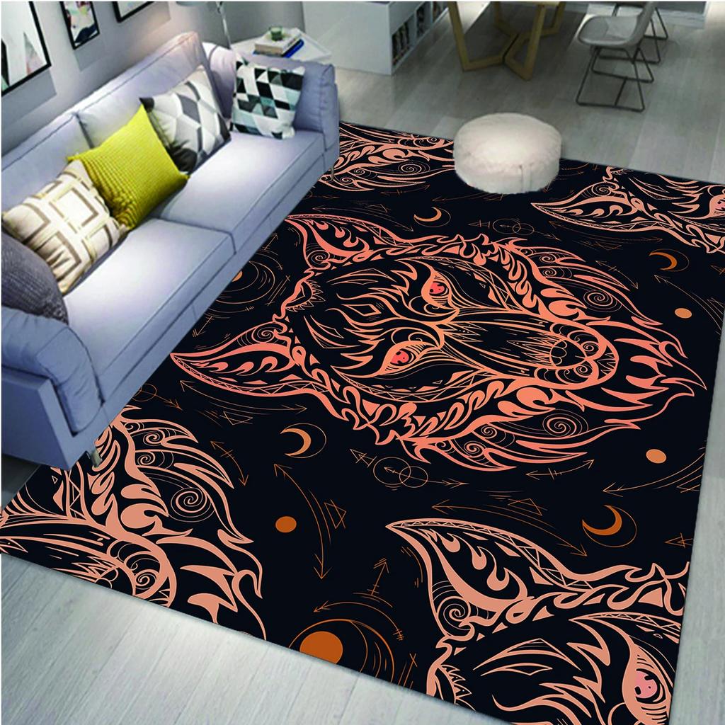 Wolf Carpet Bohemian Mandala Flower Area Rug for Living Room Bathroom Laundry Room Decor Wild Animal Doormat Non-Slip Floor Mat