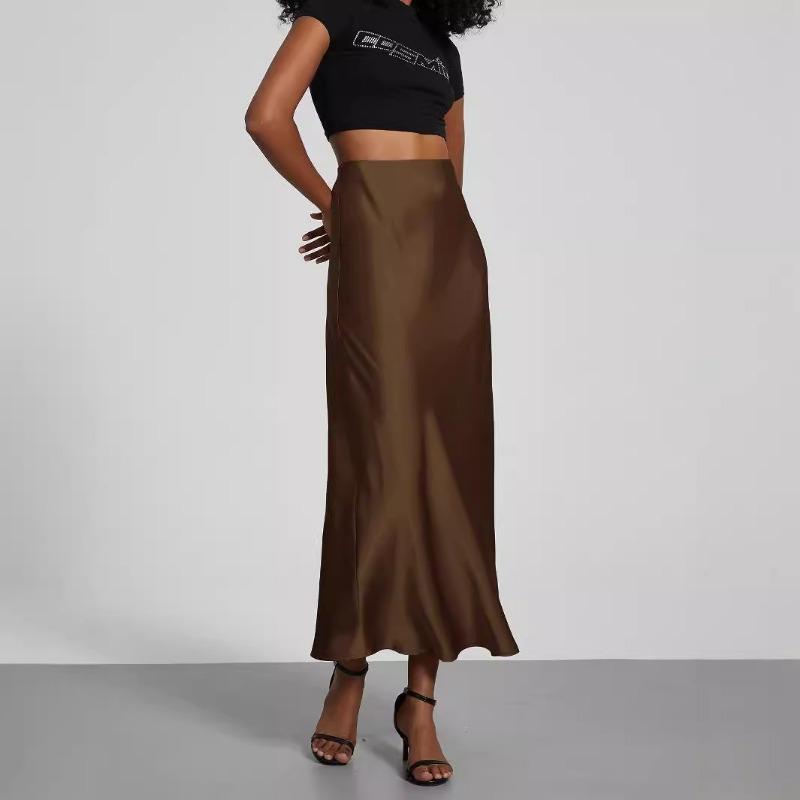 Women's European American Style Fashion Satin Texture Skirt Versatile Solid Color Glossy Mid-length