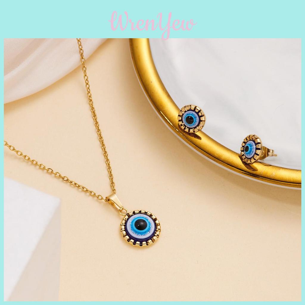 Turkish Evil Eye Jewelry Set With Geometric Alloy Pendant And Chain For Women