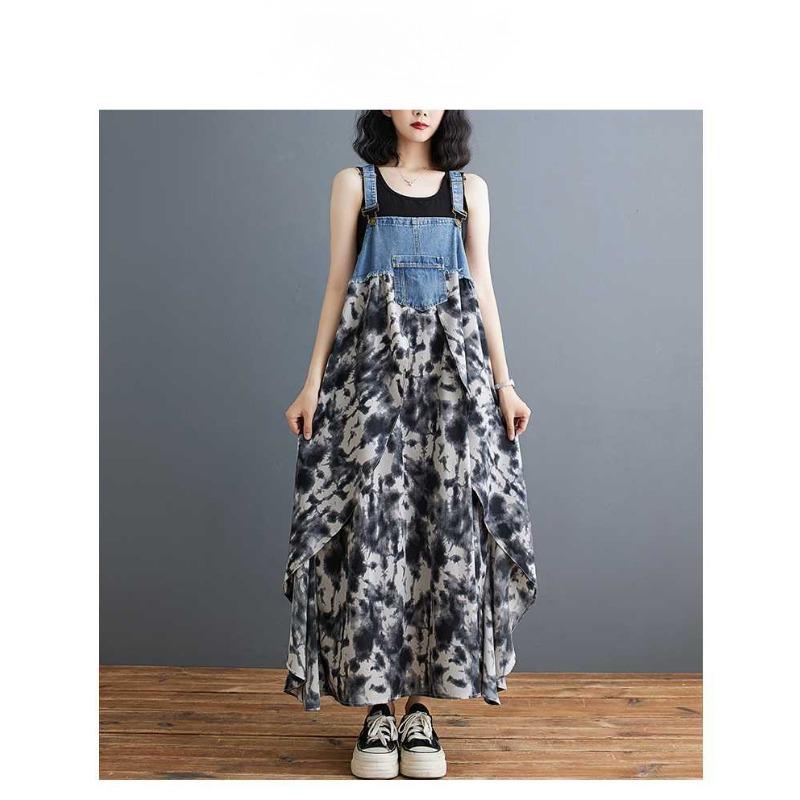 Women's Loose Chiffon Printed Denim Suspender Mid Length Dress
