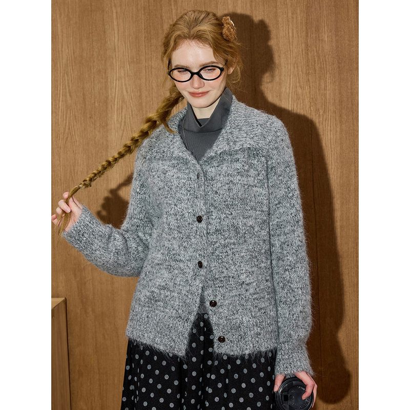 Coolhut Multicolored Lapel Soft Retro Floral Loose Versatile Sweater Winter New Knitted Jacket for Women