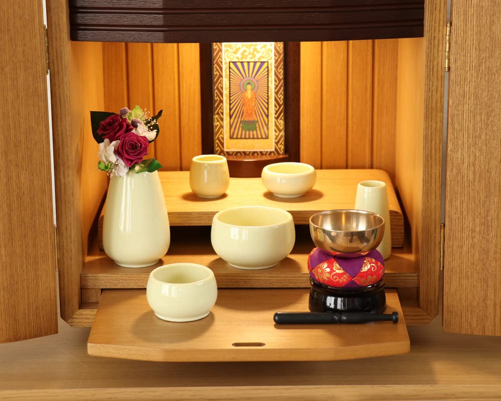Naamukumachan Koubou Buddhist Altar Set Orin Incense Burner Ash For Modern Mini Buddhist Maple Yellow Set Set, Ceramic, 6-piece + Set, Included,