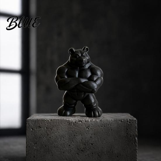 Detailed Muscle Figure 3D Printed Bear Statue, Matte Black Fitness Ornament for Office Figurine Bookshelf Gym Decor, Compact Inspirational Gift