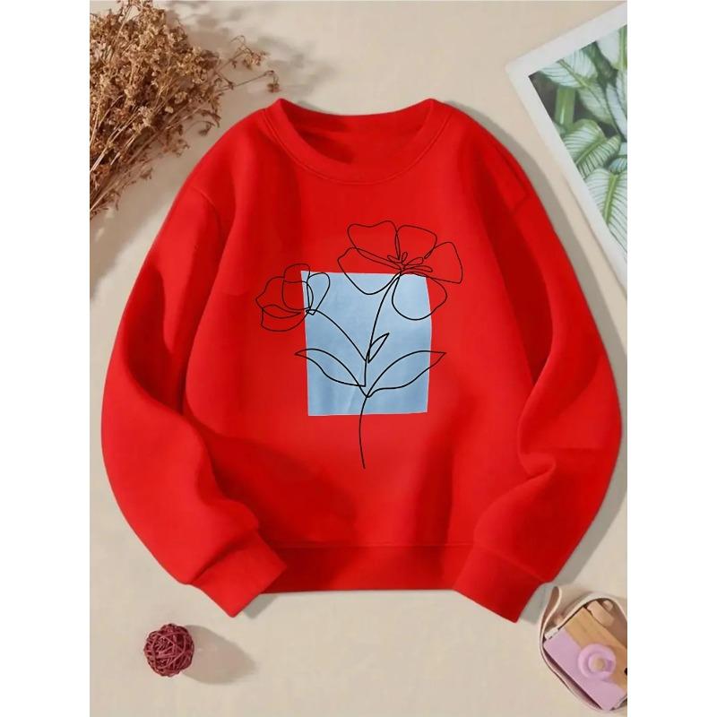 Girls' Crewneck Sweatshirt - Simple Line Flower Design with Blue Machine Washable, Spring And Autumn