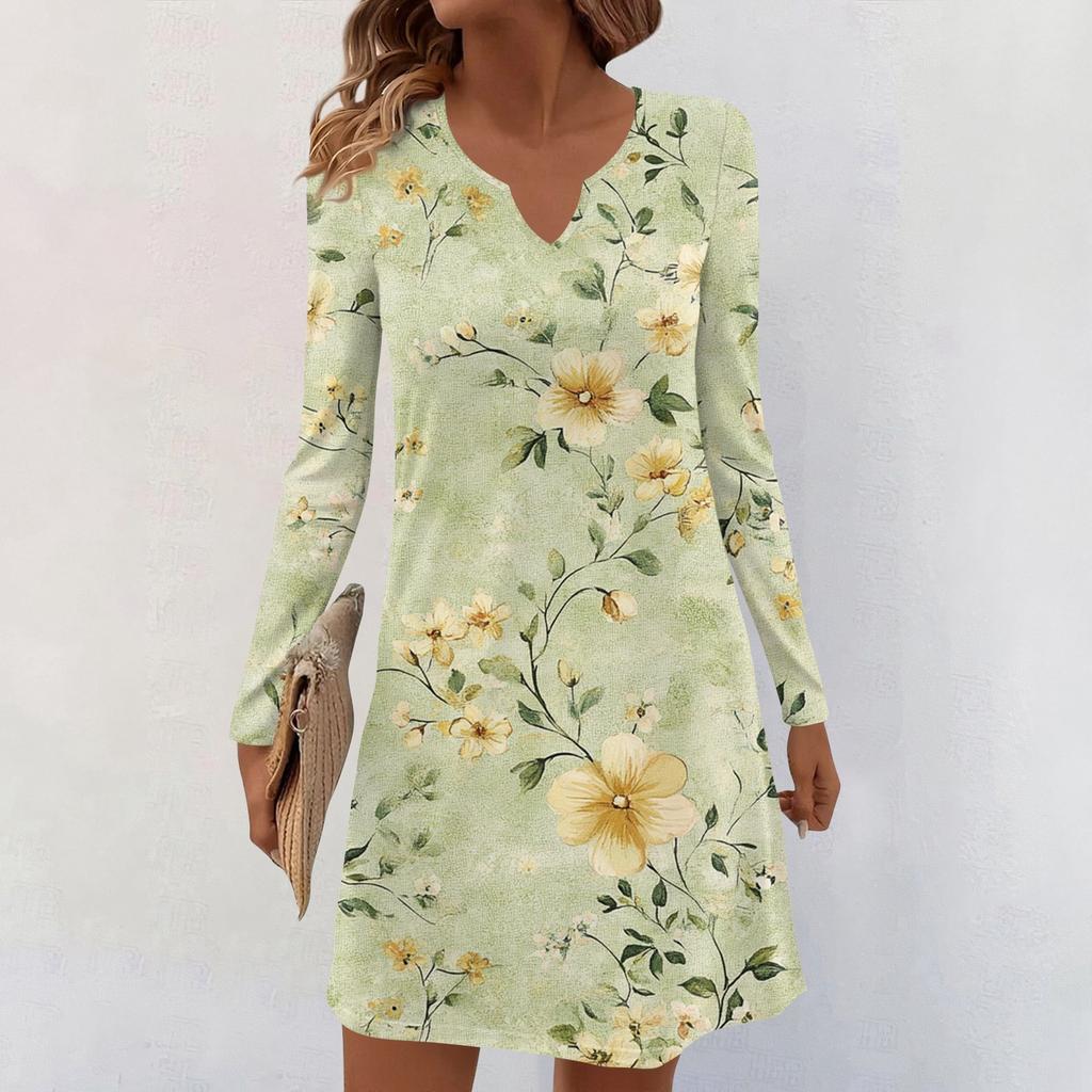 Women's Long-sleeved Casual Midi Dresses V-Neck Print  Casual Dress