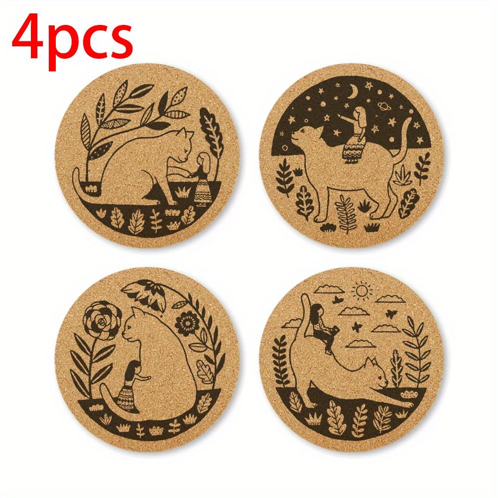 

4 шт. подставка под стакан из натурального дерева с гравировкой в виде милой кошки и девочки, кружка для кофе, держатель для напитков, столовая посуда, круглая подставка под стакан 10x10cm&Round