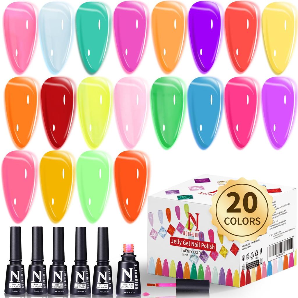 Noirwhite Jelly Gel 20 Colors Trendy Neon Jelly Gel Nail Polish Kit Glossy Crystal Clear Gel Polish Nude Pink Purple Green Blue Yellow Red Color Jelly