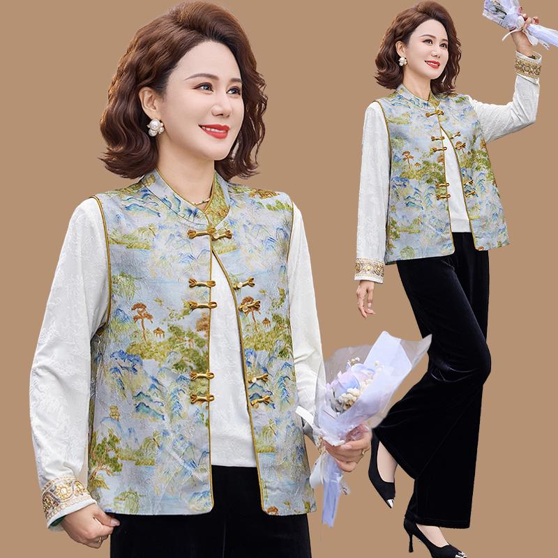 

Elegant Spring Chinese Embroidered Vest Suit - Three-Piece Gold Velvet Set for Middle-Aged and Elderly Women 2XL 52.5-60 kg