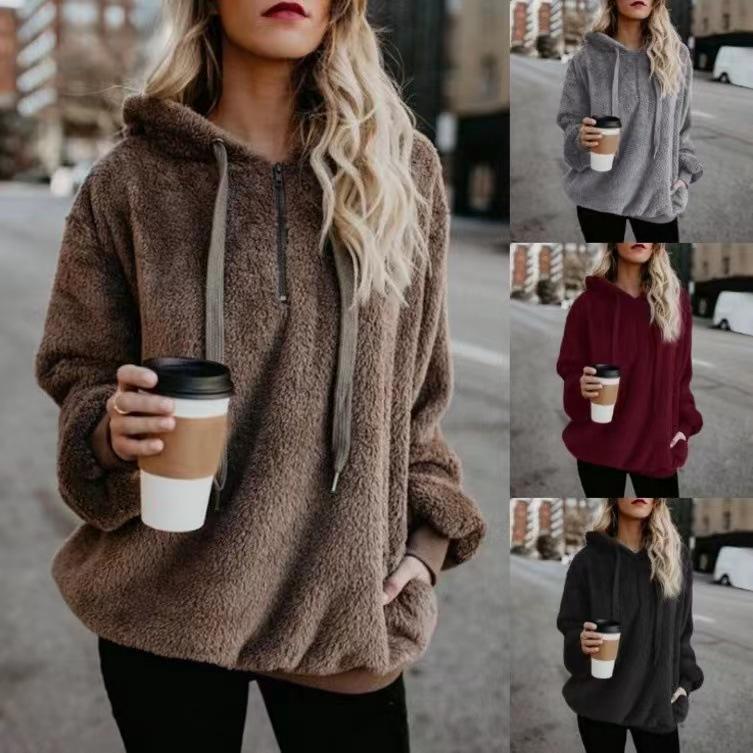 European & American Style Women's Hooded Fleece Sweatshirt Jacket