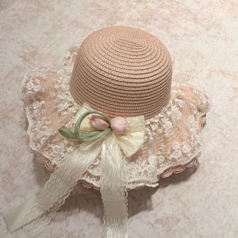 French Lace Lily Bow Straw Hat Women's Summer Big Brim Sun Hat Seaside Beach Vacation Sun Hat