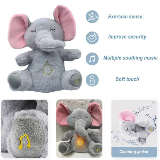Baby Breathing Elephant Plush Toy with Soothing Music Light Washable Musical Animal Plushie Stuffed Comfort Doll Soother Newborn Infant Boys