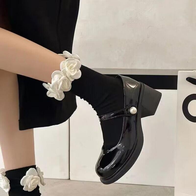 Versatile Round Toe Chunky Heel British Style Black Retro Small Leather Shoes for Women New Shallow Mouth French Mary Jane Shoes