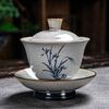 Vintage Firewood Hand Painted Gaiwan, Ceramic Blue and White Ceremony Bowl, Kung Fu Tea Set, Stoneware Brewing Cover, Tureen