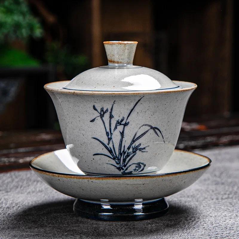 Vintage Firewood Hand Painted Gaiwan, Ceramic Blue and White Ceremony Bowl, Kung Fu Tea Set, Stoneware Brewing Cover, Tureen