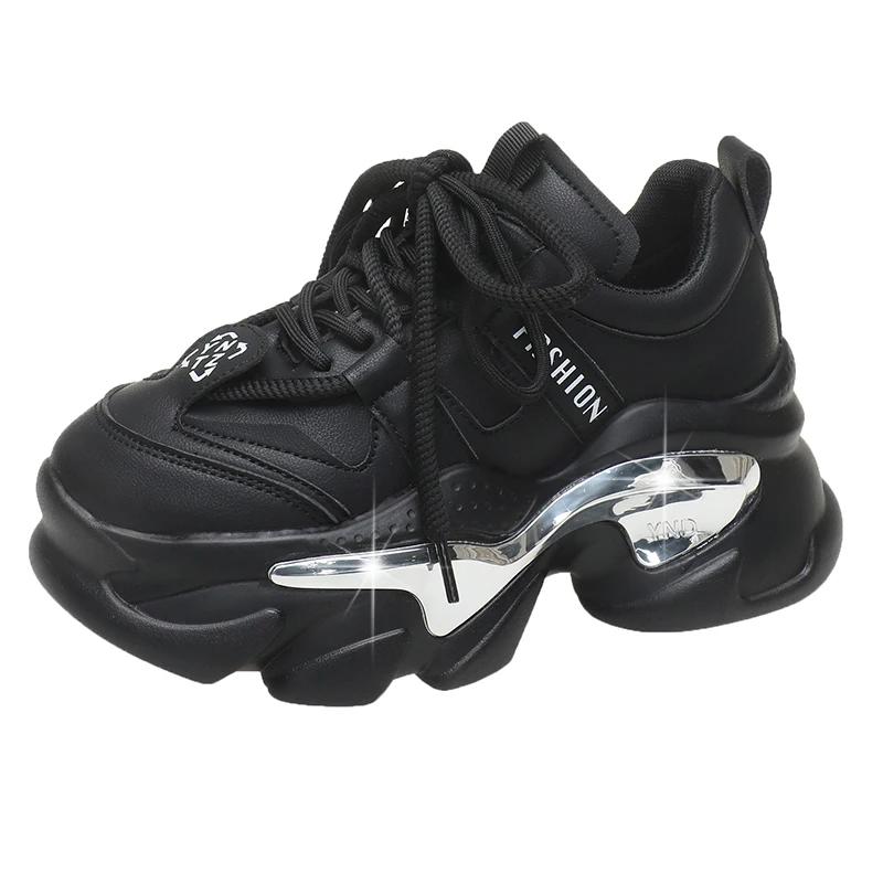 Fashion Top Quality Women Genuine Leather Sneakers Autumn Lace Up 6CM Platform Shoes Thick Sole Sport Walking Chunky Shoes Woman Spring