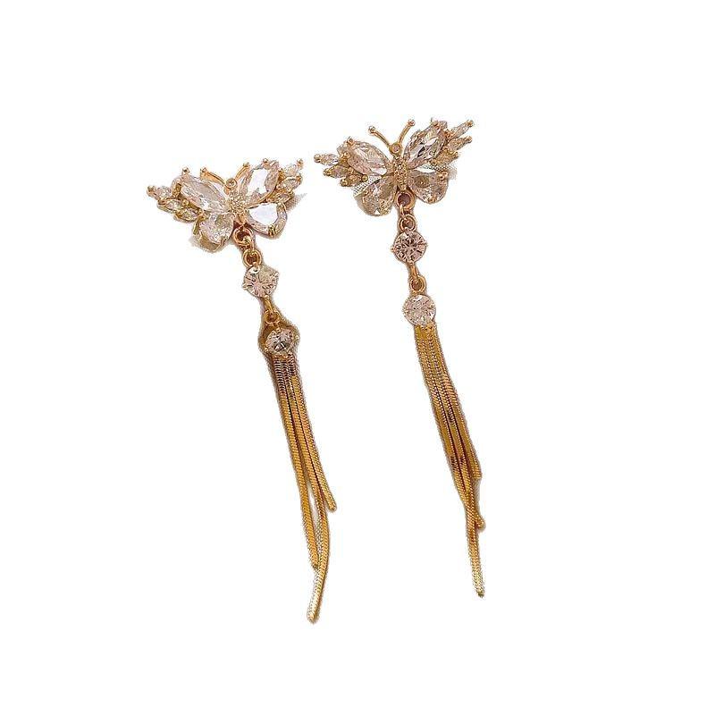 Gold-Tone Butterfly Tassel Earrings with Diamonds - 2025 Trendy Exquisite Fashion Jewelry for Women