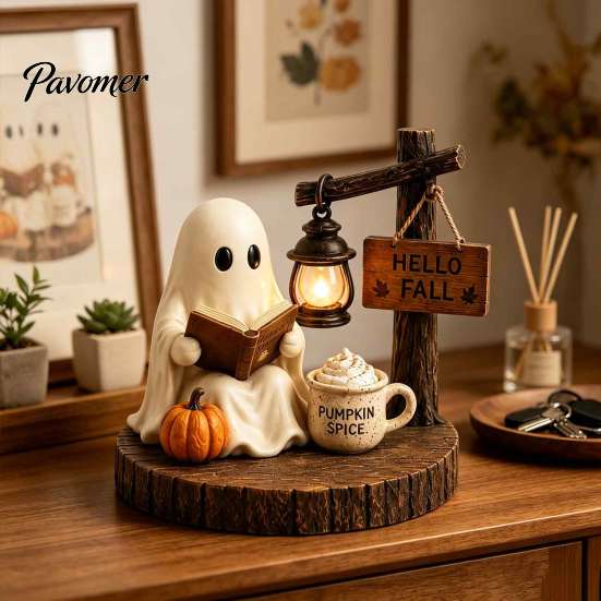 Healing Ghost Figurines Halloween Figurine, Vintage Cozy Reading Book/Walking Dog Statue with Lantern, Autumn Harvest Decorations Light Up Spooky