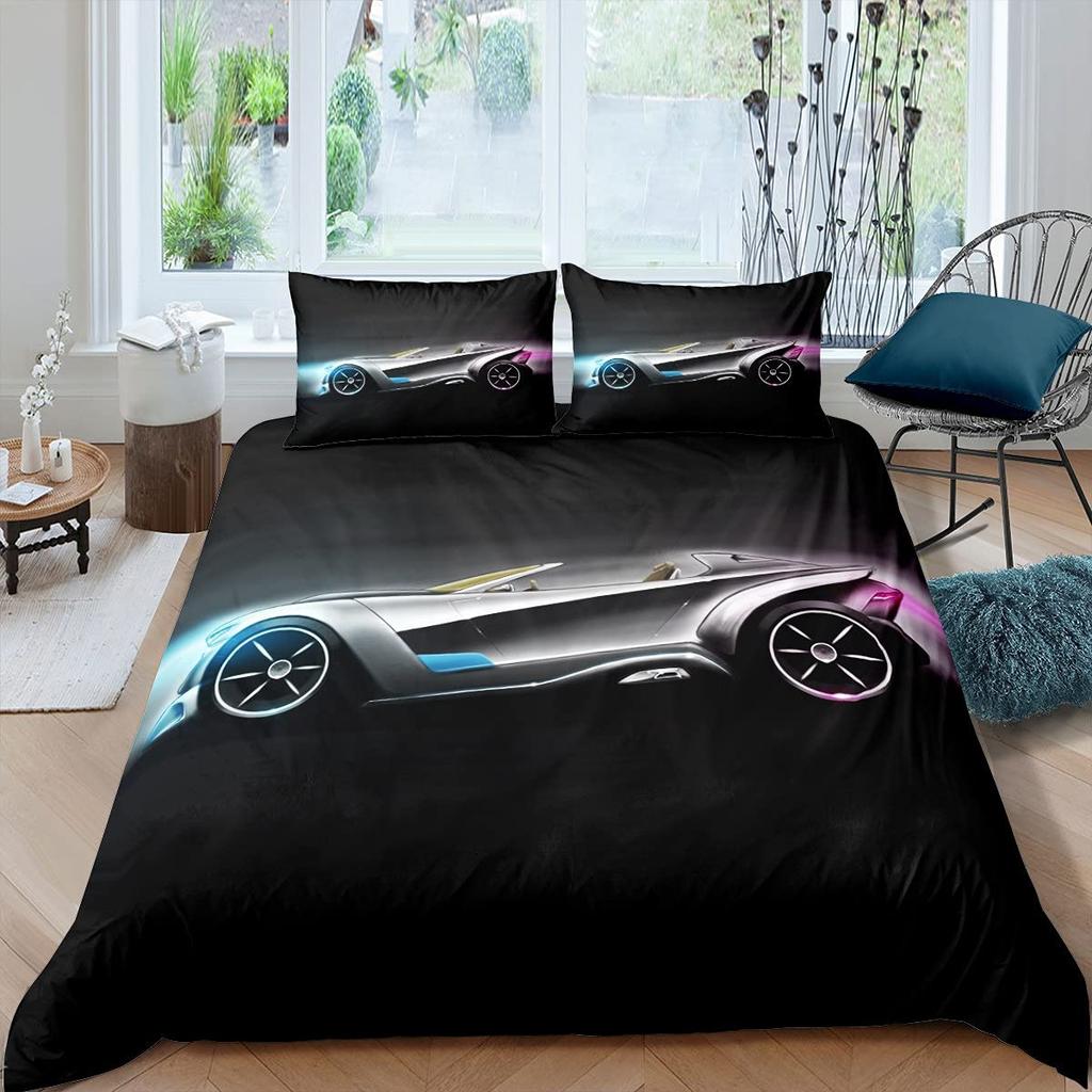 Race Car King Queen Duvet Cover Cool Speed Racing Bedding Set Teens Men Black Sport Car Quilt Cover Polyester Comforter Cover