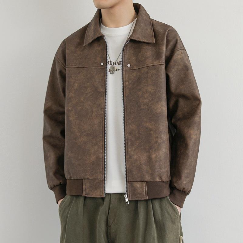 Autumn Men's New Fashionable Casual Leather Jacket Hong Kong Style Lapel Loose PU Leather Jacket