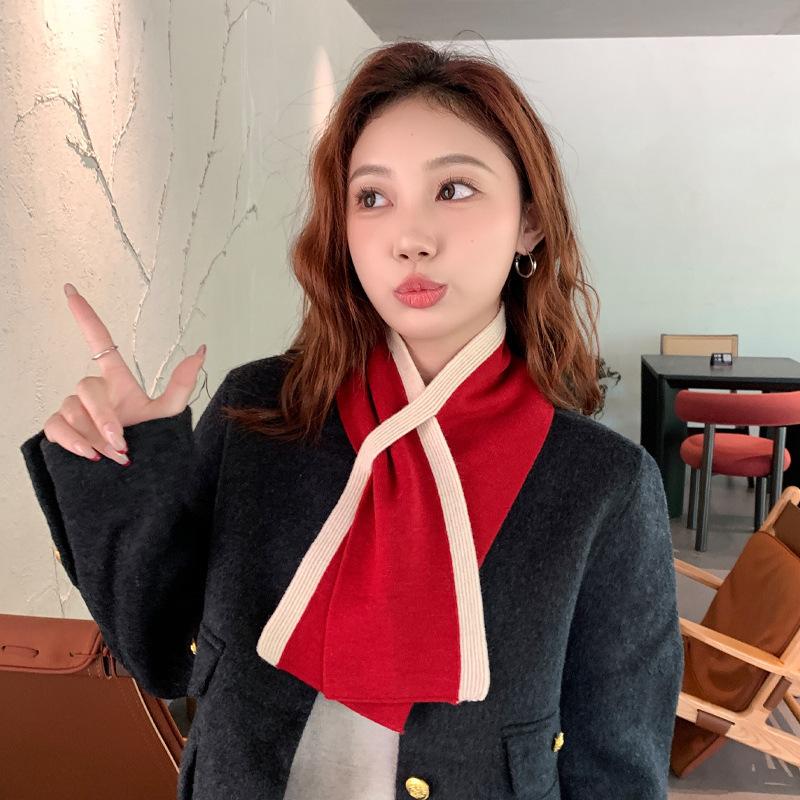 Autumn and Winter Scarf High End New Imitation Wool Short Warm Neck Protection Cross Scarf Woolen Knitted Scarf