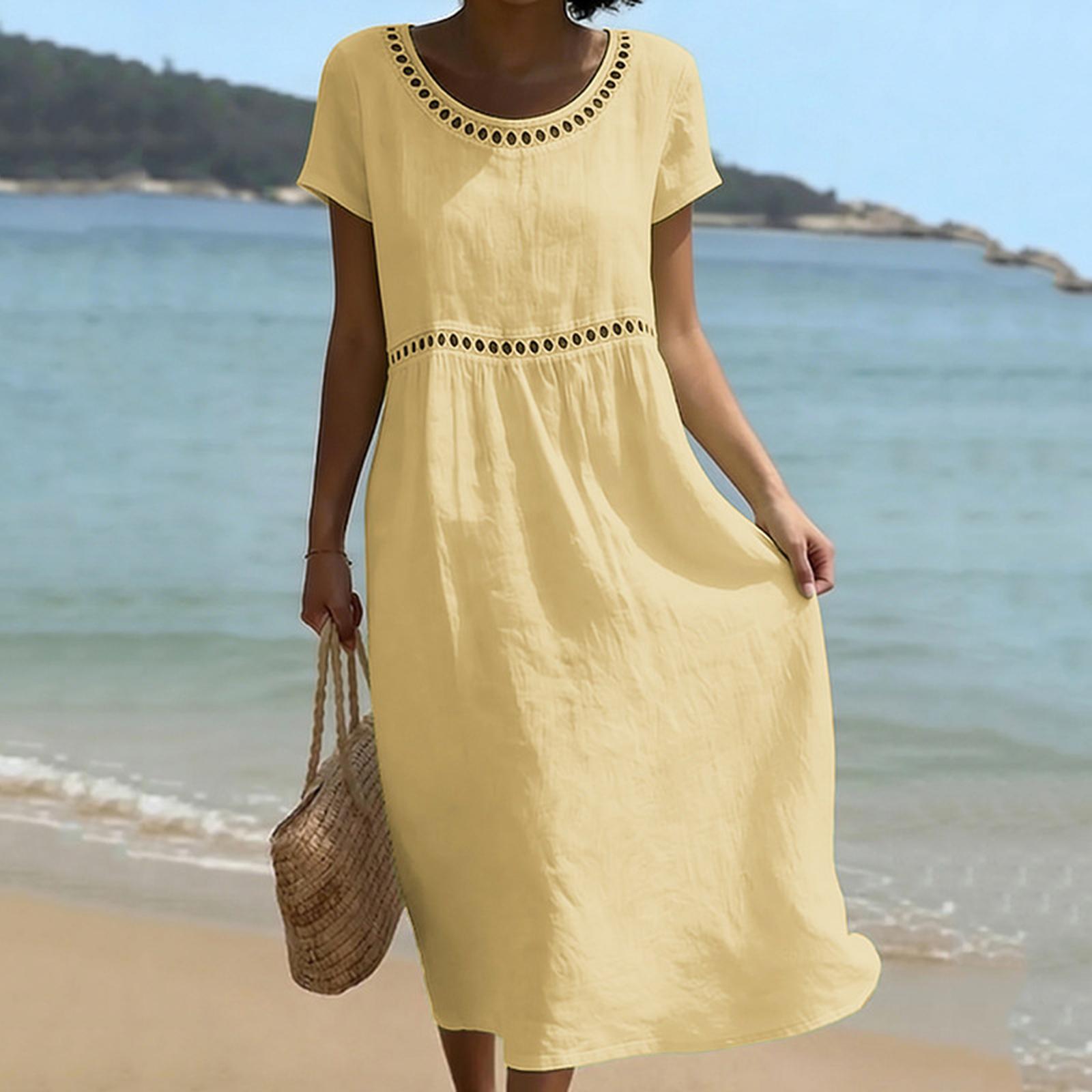 

Women s Summer Fashion Round-Neck Short-Sleeve Openwork Lace -Color Cotton-Linen Dress S жовтий