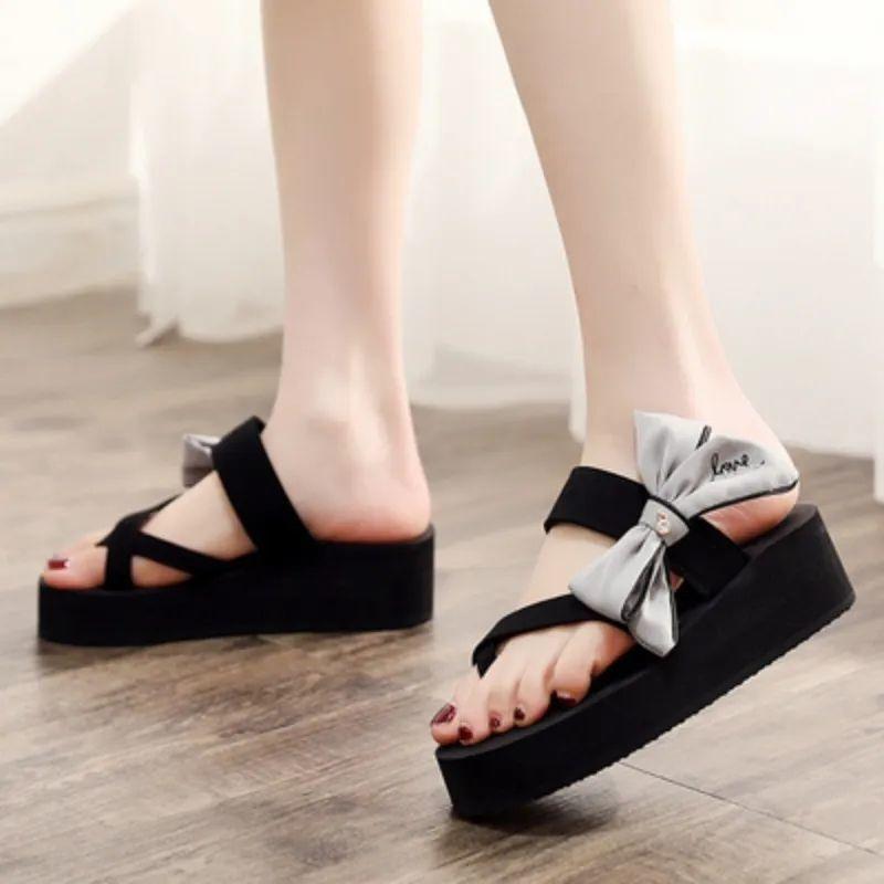 

Fashion Platform With Bow Women s Slippers and Ladies Sandals Outside on Beach Flip Flops Shoes Korea Style Summer 2025 Wholesale Slides 40