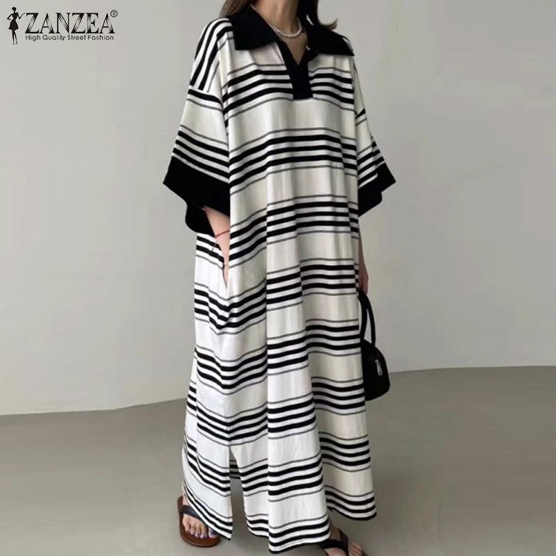 

ZANZEA Women Summer Shirt Collar Striped Short Sleeve Dresses M чёрный