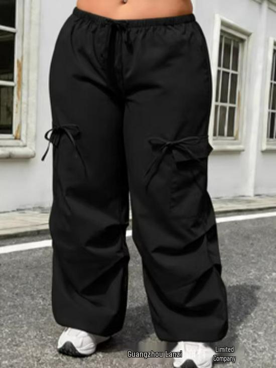 Plus Size Black Trousers with Slit & Bow Detail - Elastic Waist, Loose Fit