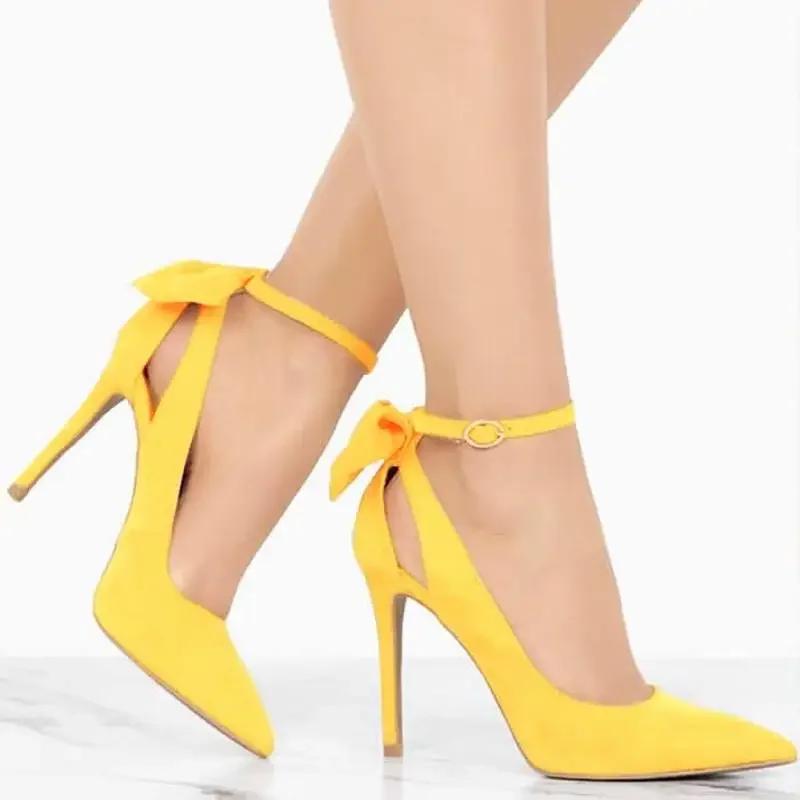 Women's High Heels Bow Tie Back Sexy Stiletto Pumps Pointed Toe Bowknot 11cm Sexy Ankle Strap High Heeled Female Wedding Shoes