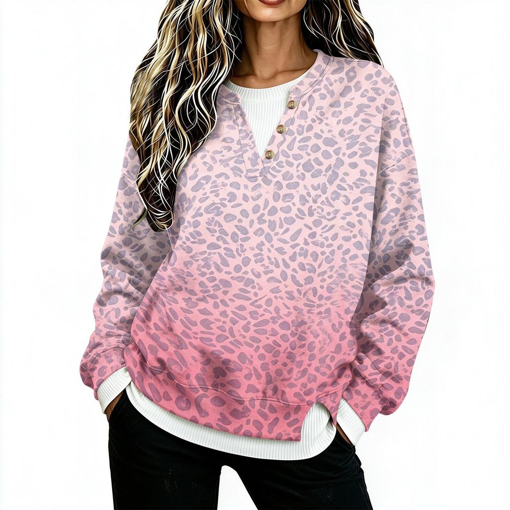 Women's Casual Loose Fit Two-Piece Leopard Print Long Sleeve Sweatshirt Top for Everyday Wear