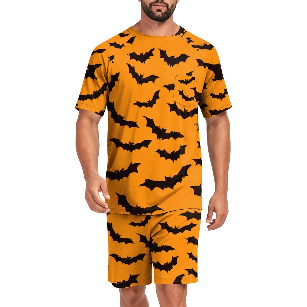 Men's Halloween Casual Pajama Set Short Sleeve Top and Shorts Comfortable Lightweight Sleepwear Set for Home Relaxation