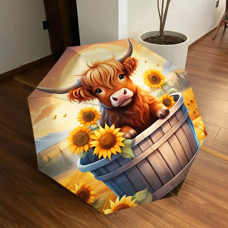 

Sunflower Bucket with Cattle Design - Automatic Opening Umbrella, Portable Folding Design, 8-Bone Iron Frame, Outdoor Rain Umbrella, Ideal G