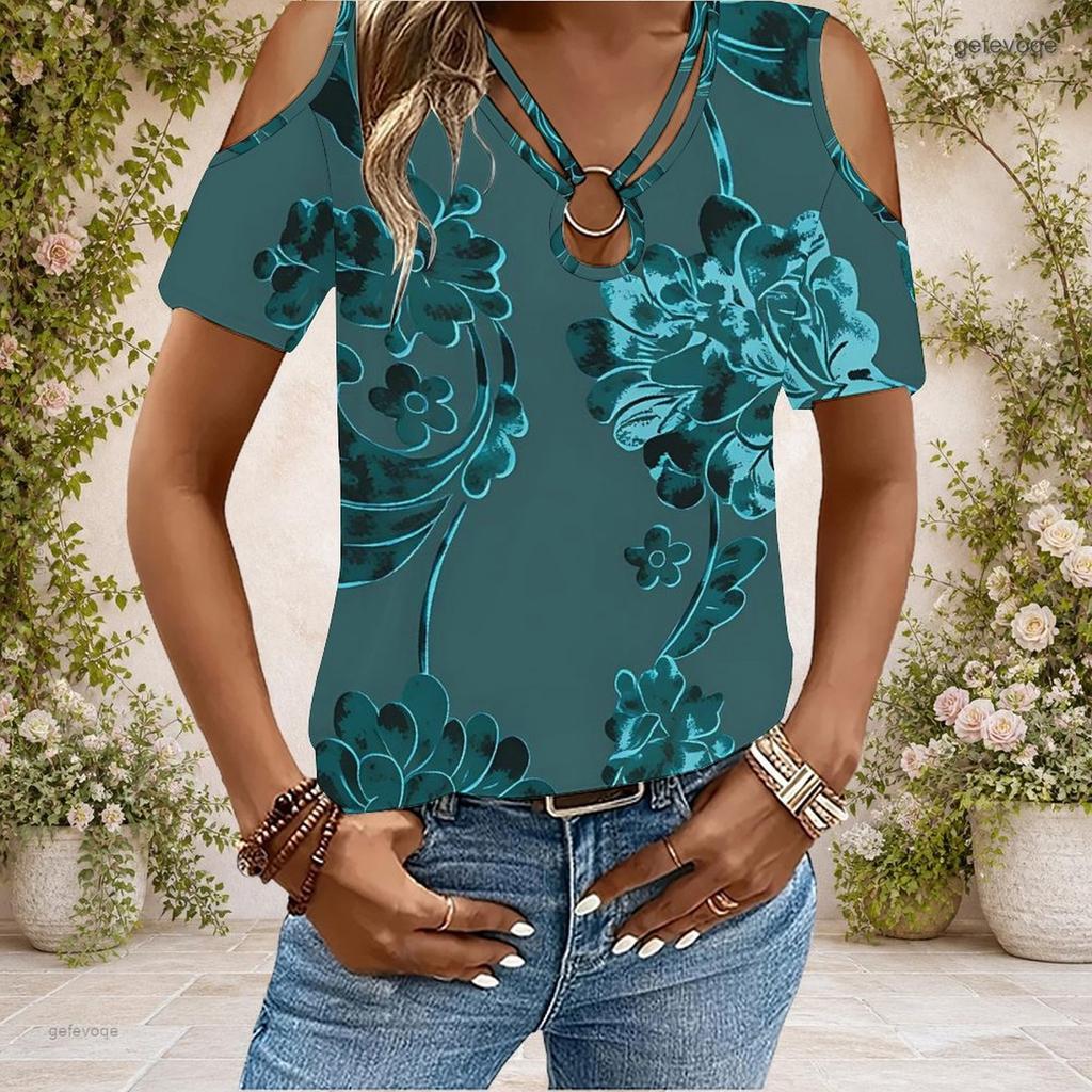 Women Plus Size Keyhole Ring Neck Cold Shoulder Geometric Printed Short Sleeve Top