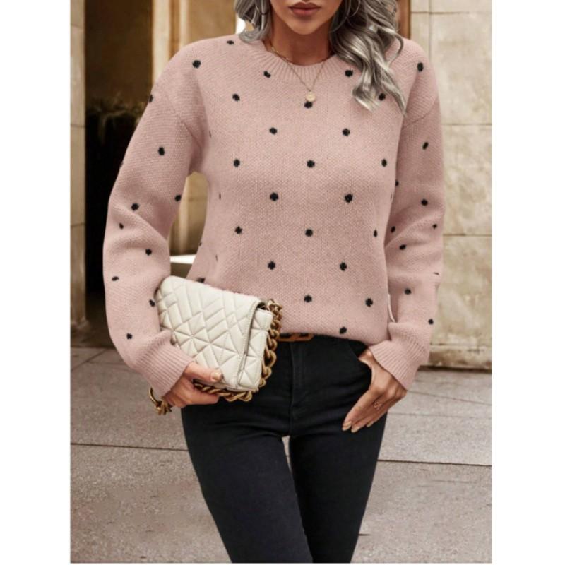 Women's Spring/Fall Crew Neck Long Sleeve Pullover Sweater Polka Dot Jacquard Casual Knit Top