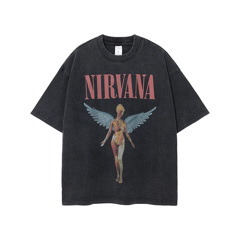 Maglietta a maniche lunghe band Nirvana vintage europeo e americano lavata effetto invecchiato maglietta a maniche corte Nirvana per uomo e donna