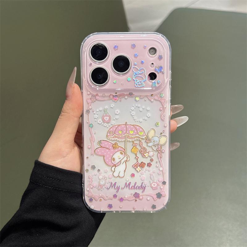 

New My Melody Kawaii Glitter Phone Case With Wrist Strap For iPhone 15 16 17 Pro Max INS Pink Cute Shockproof Protective Cover For iPhone 17ProMax