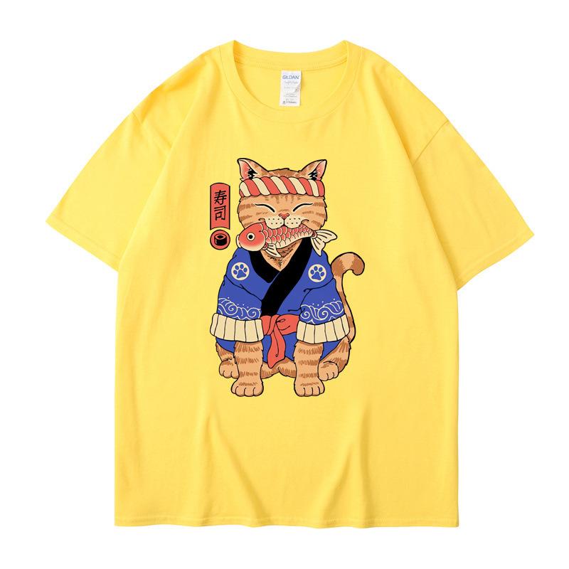 

Новые летние японские мультяшные элементы в стиле кошачьего принтом с круглым вырезом, свободные повседневные хлопковые женские футболки с короткими рукавами XXXL жёлтый