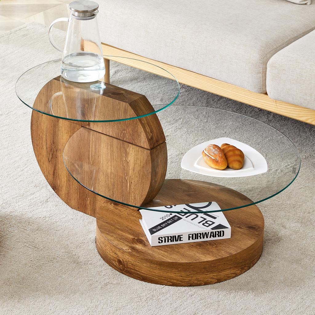 Modern Minimalist Tempered Glass Coffee Table, Multi-Layer Design, High-Quality MDF Material, with Natural Wood Texture Stickers