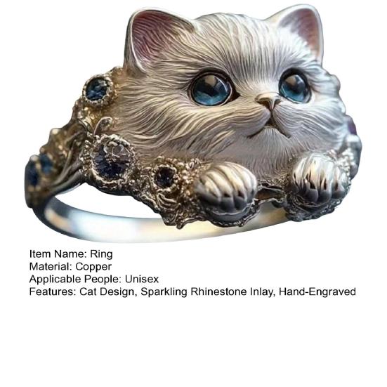 Finger Ring Hand-Engraved Cat Decor Women Men Ring with Rhinestone Inlay Smooth Modern Finish Animal Ring Jewelry Gift