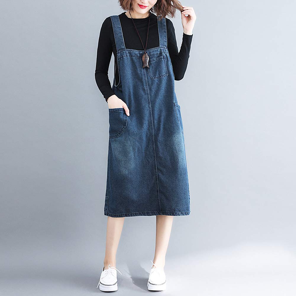 Anmida Denim Overalls Dress Relaxed Skirt, Fit, Stylish, Cute, Figure-Flattering, Pockets, Knee-Length, Spring/Summer