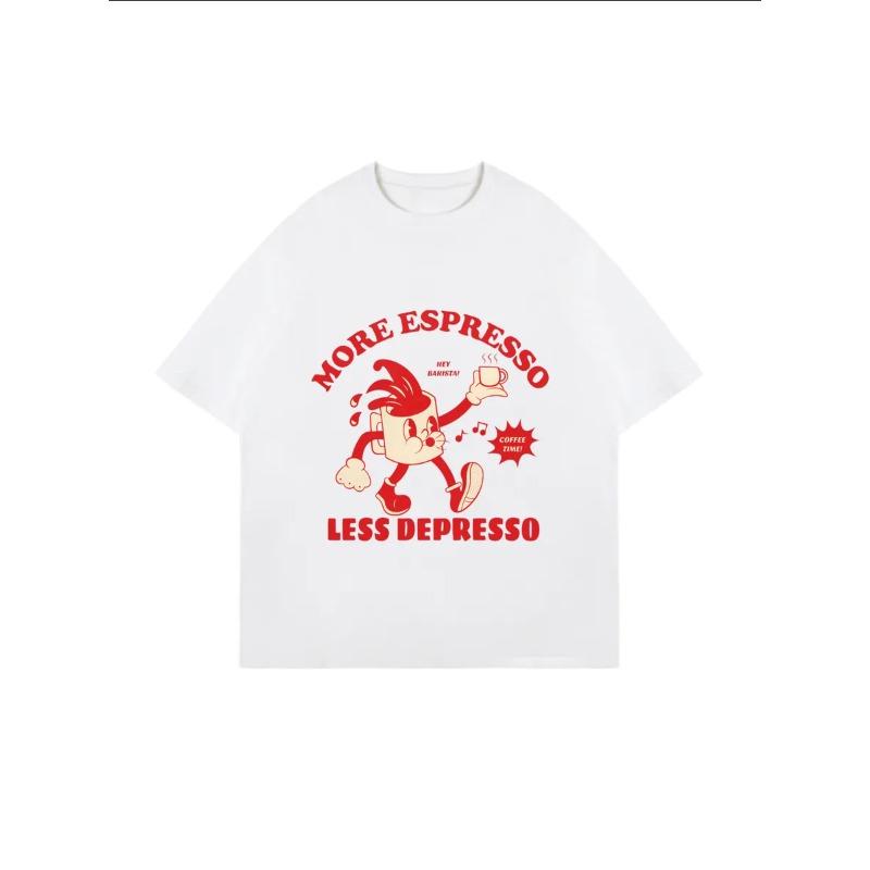Oversize Women's Short-Sleeve T-Shirt with Cartoon Coffee Cup Figure & "MORE ESPRESSO LESS DEPRESSO" Text Print