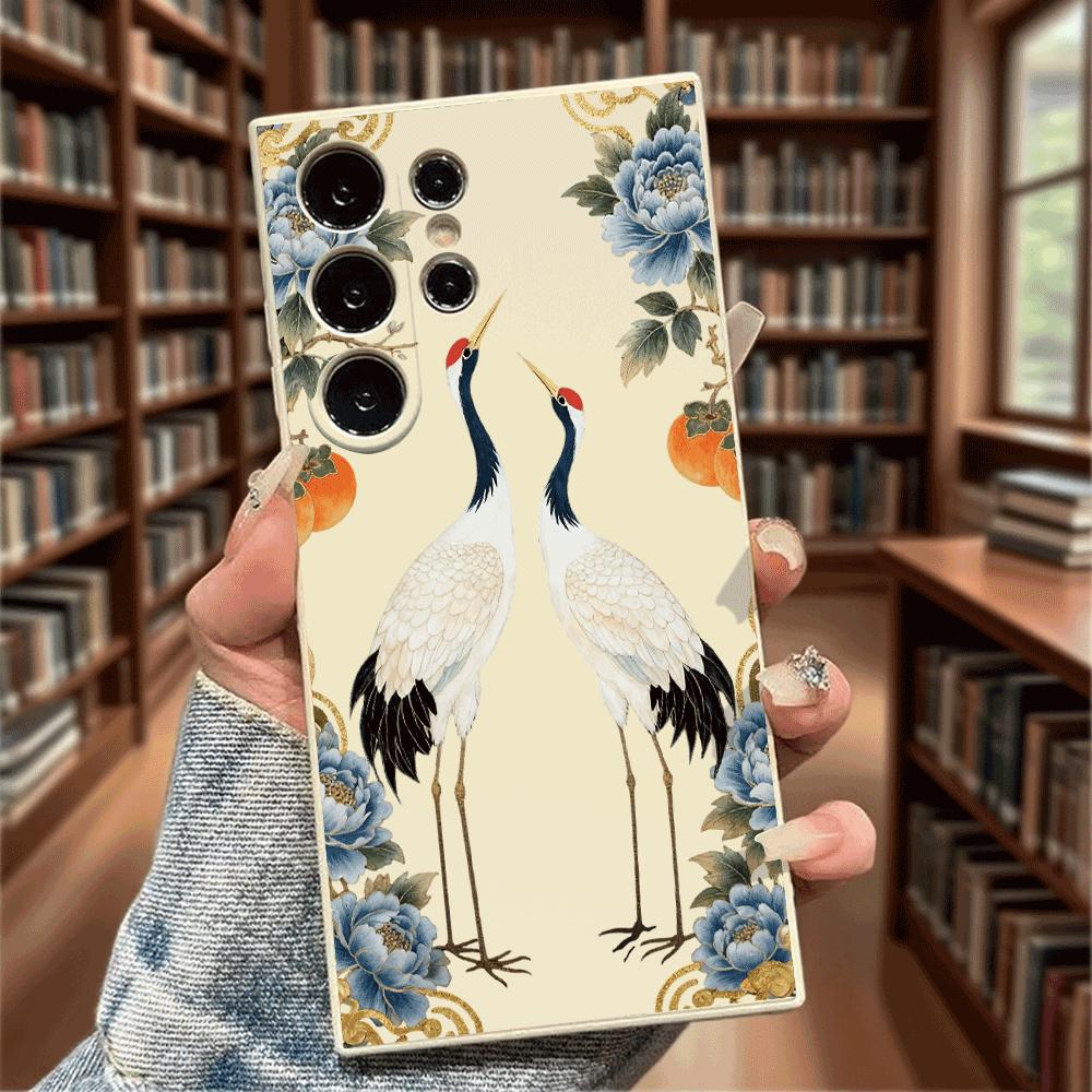 Red - Crowned Cranes Blue Case for Samsung Galaxy S25 S24 Ultra S23 S22 S21 S20 FE Plus Soft TPU Slim Fit Shockproof Cover