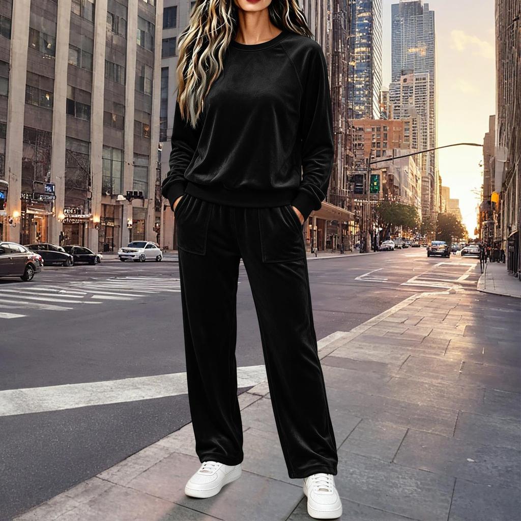 Women's Velvet Set Casual Loose Fit Neck Long Sleeve Top and Pants 2 Piece Outfit