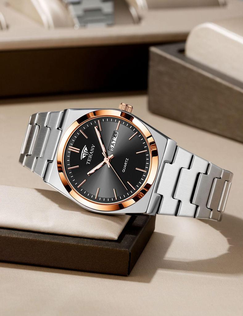 Men's Ultra-Thin Luminous Quartz Watch with Steel Band and Double Calendar, Waterproof.