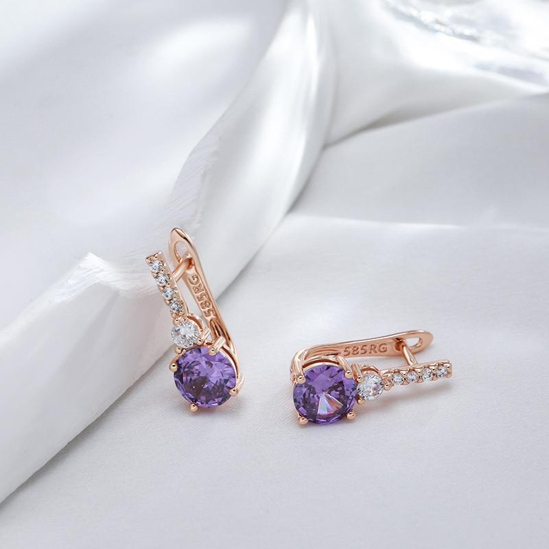 Boucles d'oreilles rondes de luxe en zircon naturel violet, style anglais, pour femmes, couleur or rose, mariage, bijoux fins quotidiens, cadeau pour fille